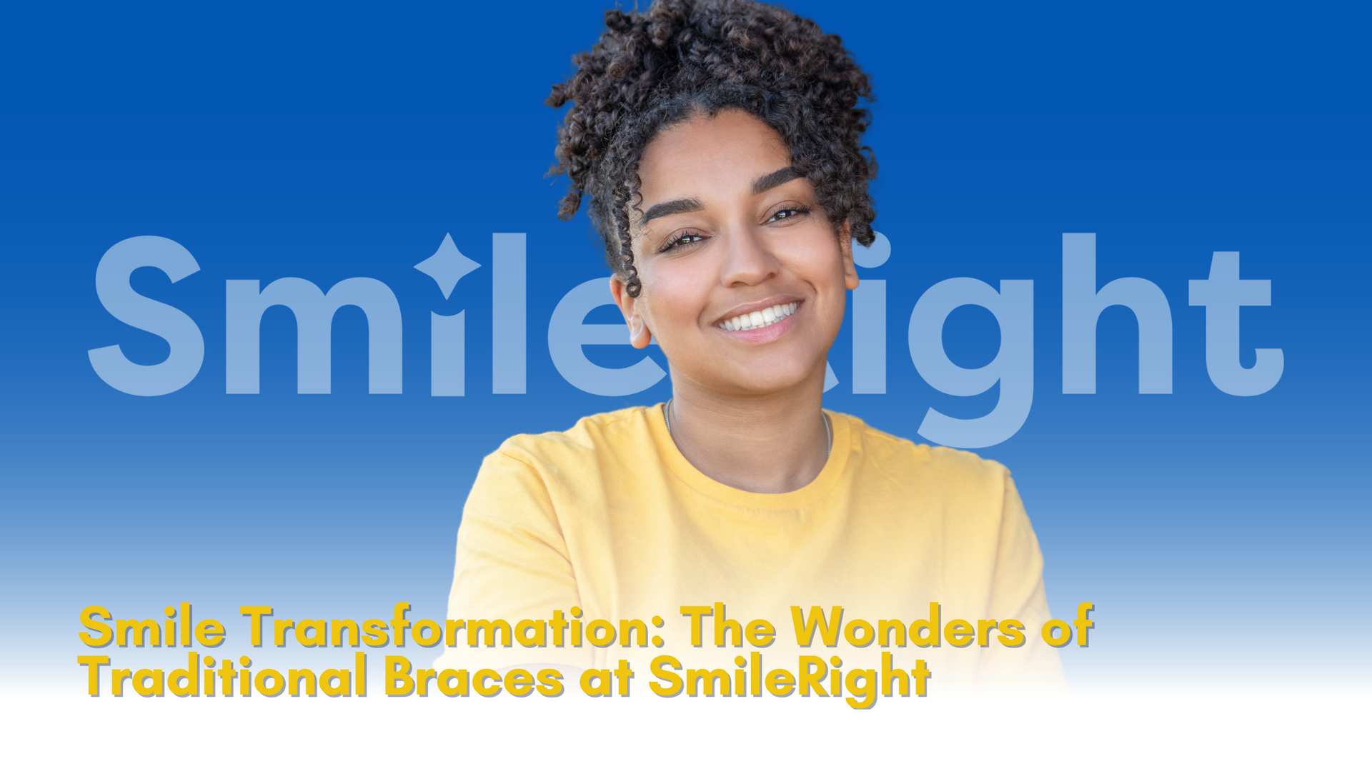 A woman in a yellow shirt is smiling in front of a blue background.