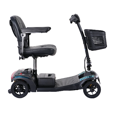 Black mobility scooter with seat, armrests, and front basket on a white background