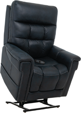 Black padded recliner chair with armrests and a metal base on a white background