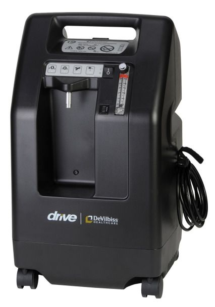 Black portable oxygen concentrator with handle and coiled power cord on a white background