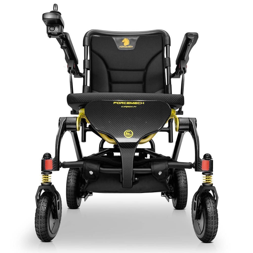Black motorized wheelchair with front support arms on a white background