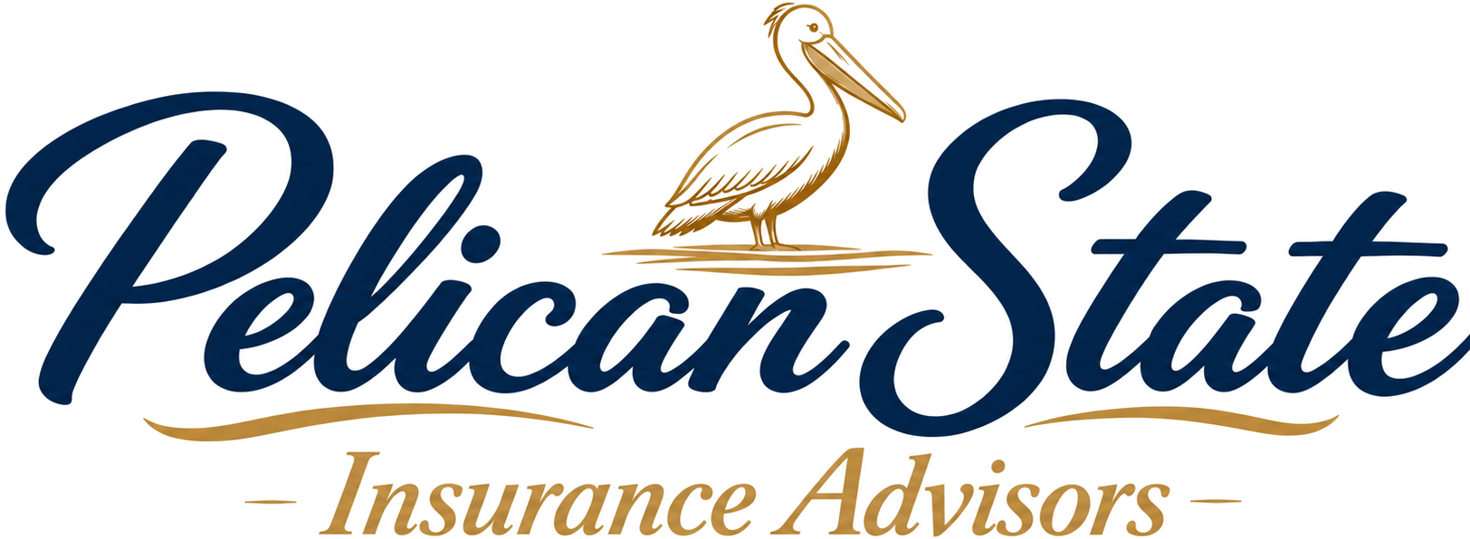 Pelican logo: white pelican with blue wings, gold beak, and the text 
