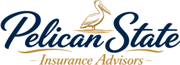 Pelican logo: white pelican with blue wings, gold beak, and the text