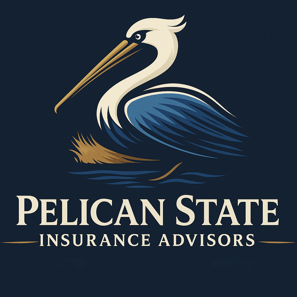 Pelican logo: white pelican with blue wings, gold beak, and the text 