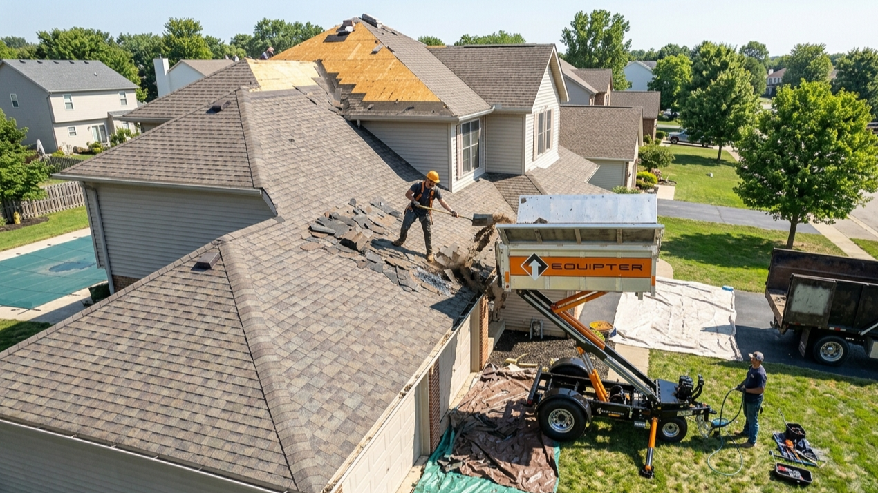 Roofers working on a house roof beside a truck and lift in a suburban neighborhood