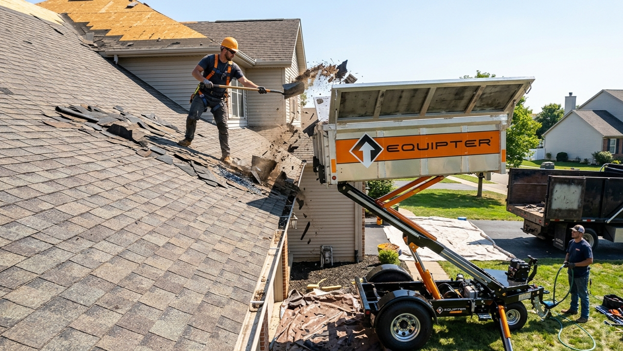 Worker on a roof beside a dumpster lift removing storm debris from damaged shingles.