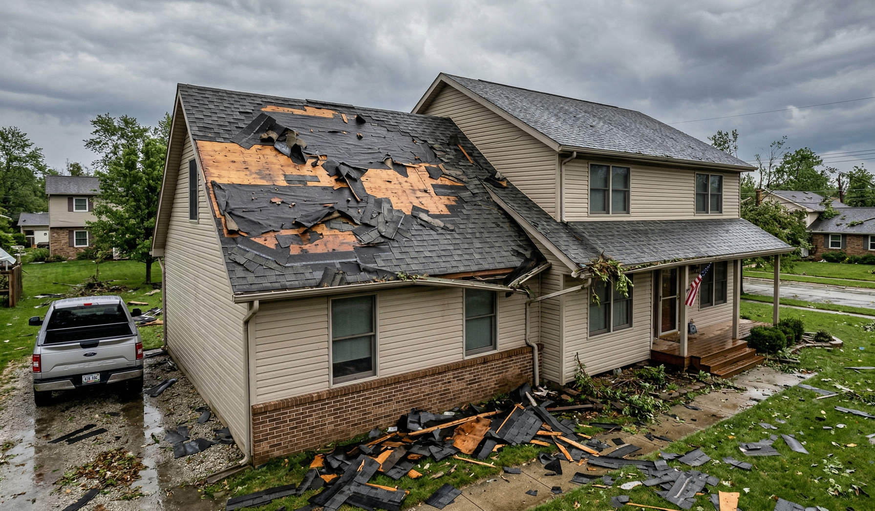 Damaged two-story house with a burned, partially collapsed roof and debris in the yard