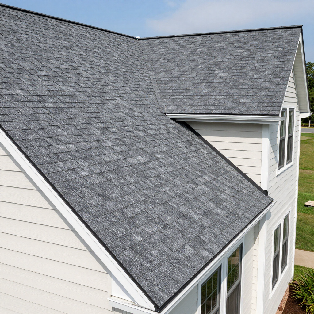 A high-angle view of a grey shingled roof on a house with white siding and white trim under a clear blue sky.