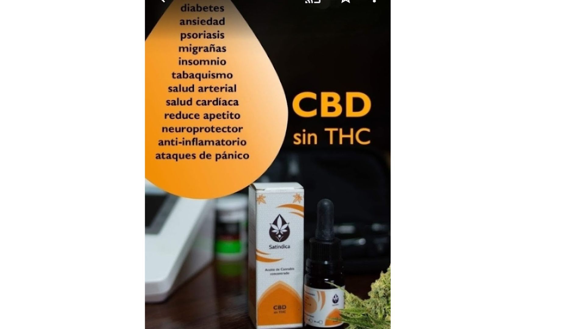 El anuncio del producto CBD enumera los beneficios para la salud: diabetes, ansiedad, psoriasis, insomnio, etc. 