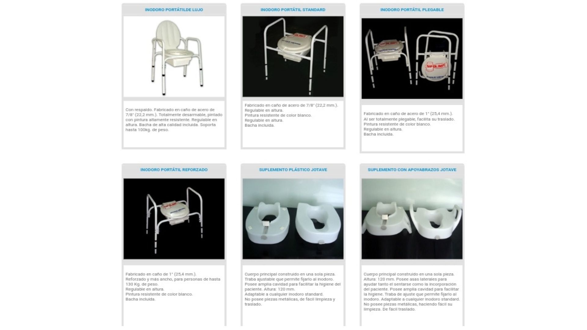Seis sillas inodoro médicas y accesorios para asientos de inodoro.
