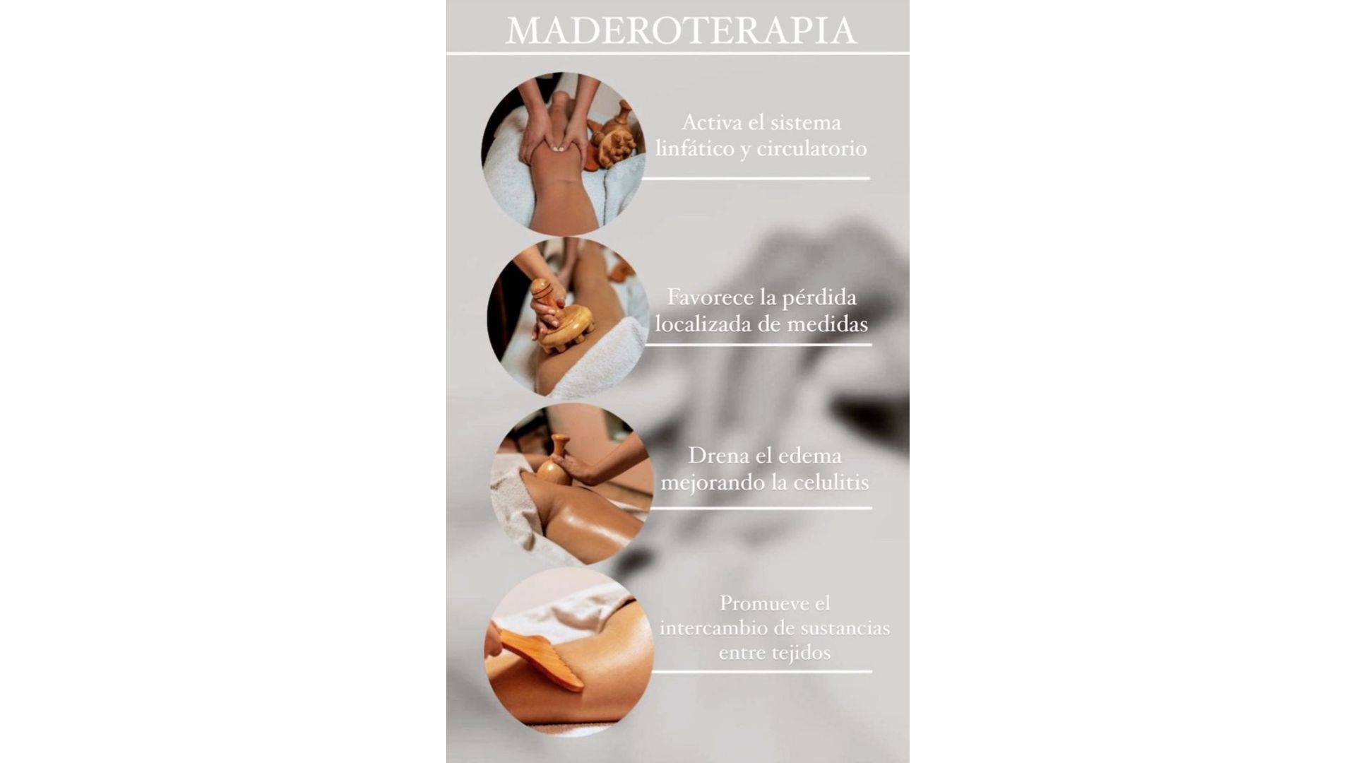 Anuncio de maderoterapia; mujer recibiendo masaje con herramientas de madera.