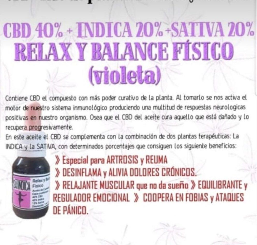 Botella de aceite de CBD con texto: “Relax & Balance Físico” (violeta)
