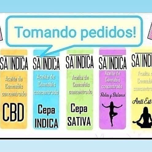 Cinco envases coloridos de productos de aceite de cannabis etiquetados como 