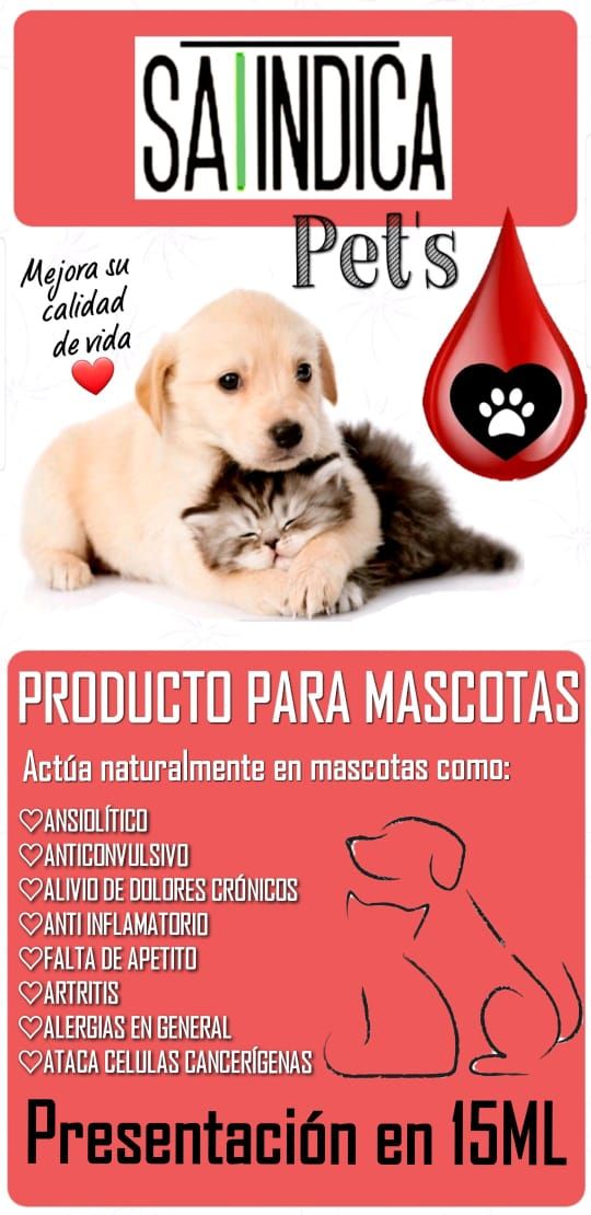 Perro y gato con información del producto para mascotas. Diseño rojo y blanco con capacidad de 15 ml.