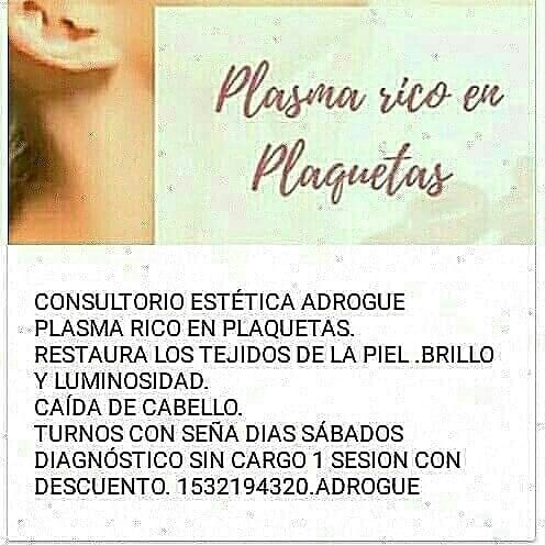Anuncio de tratamiento estético con plasma: rejuvenecimiento cutáneo y caída del cabello. 