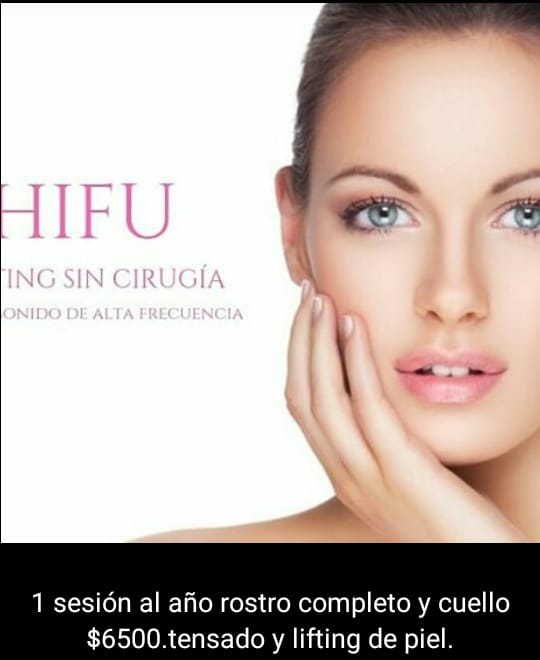 Rostro de mujer en anuncio de tratamiento HIFU. Texto: 
