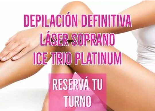 Piernas de mujer con el texto: «Depilación permanente, láser Soprano, Ice Trio Platinum». Reserva una cita.