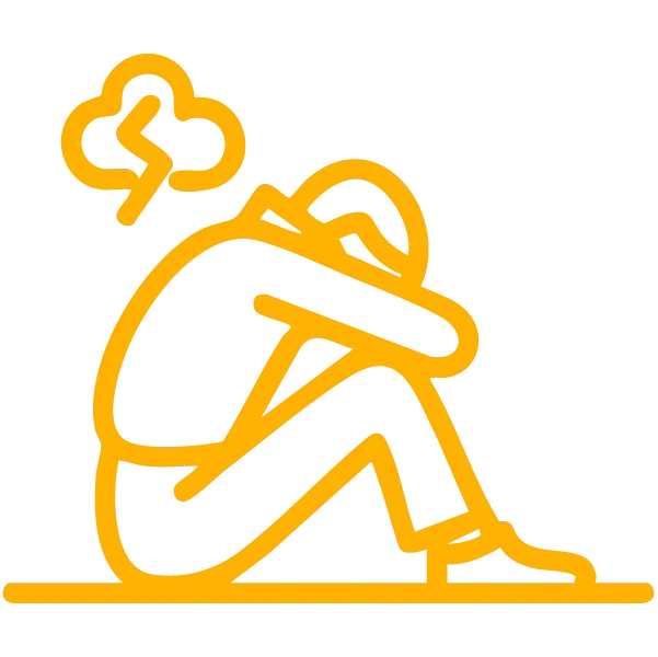 Um desenho amarelo de um homem sentado com a cabeça baixa.