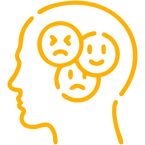 Um ícone amarelo da cabeça de uma pessoa com três rostos sorridentes.
