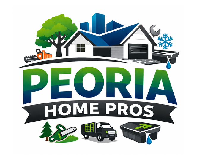 Logo for Peoria Home Service Pros with a house, tree, tools, and a service truck against a green and blue background.