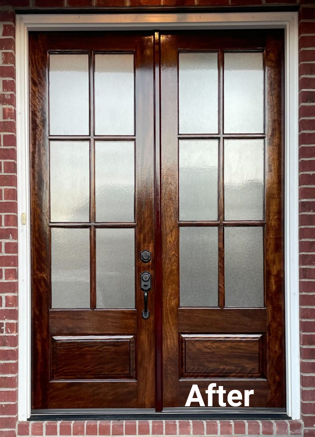Wooden double front doors with frosted glass panels and brick trim, labeled “After”