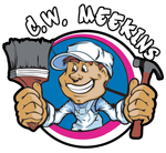 A cartoon mascot wearing a hat and overalls holds a paintbrush and hammer, centered in a circular blue and pink logo.
