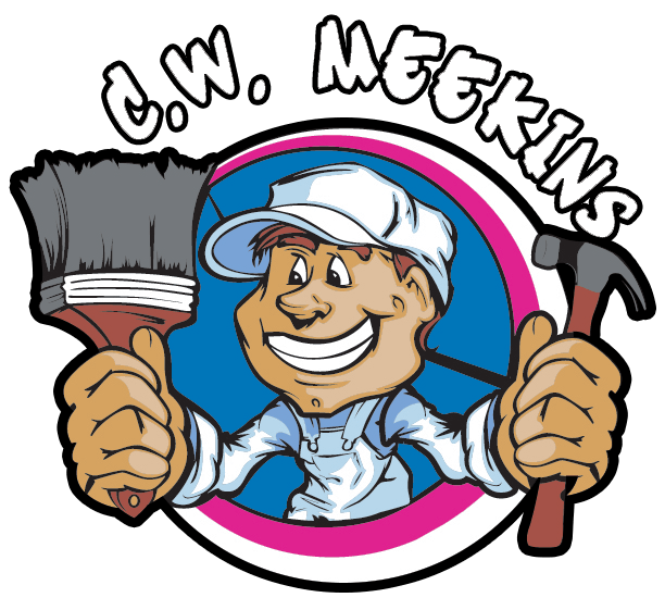 Logo for C.W. Meekins featuring a cartoon character in overalls holding a paintbrush and a hammer in a circular frame.