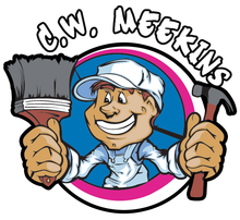 A cartoon mascot wearing a hat and overalls holds a paintbrush and hammer, centered in a circular blue and pink logo.