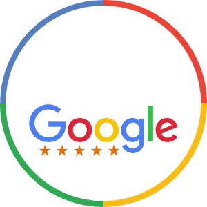 The Google logo centered inside a circle divided into four colored segments, positioned above five orange star icons.