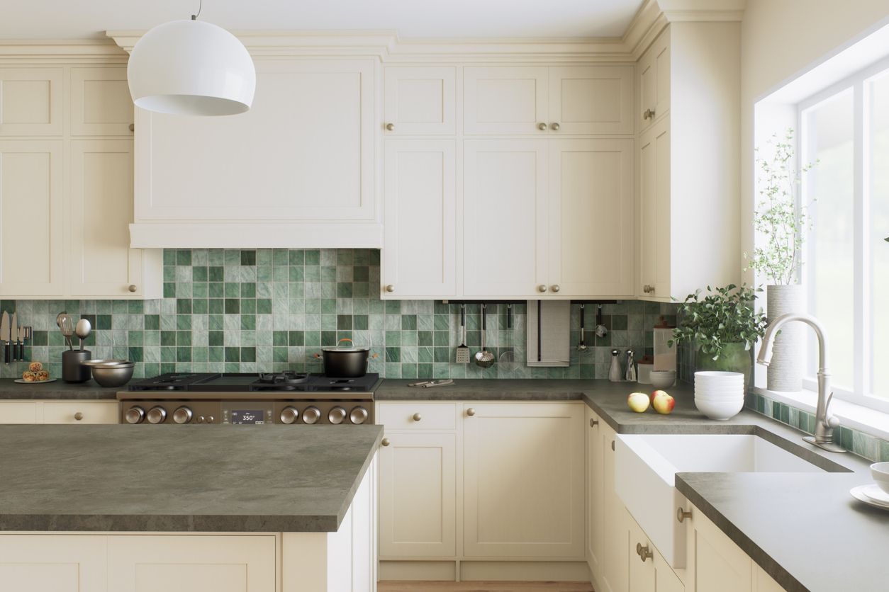 Bright modern kitchen with white cabinets, green tile backsplash, and sunlight by the sink.