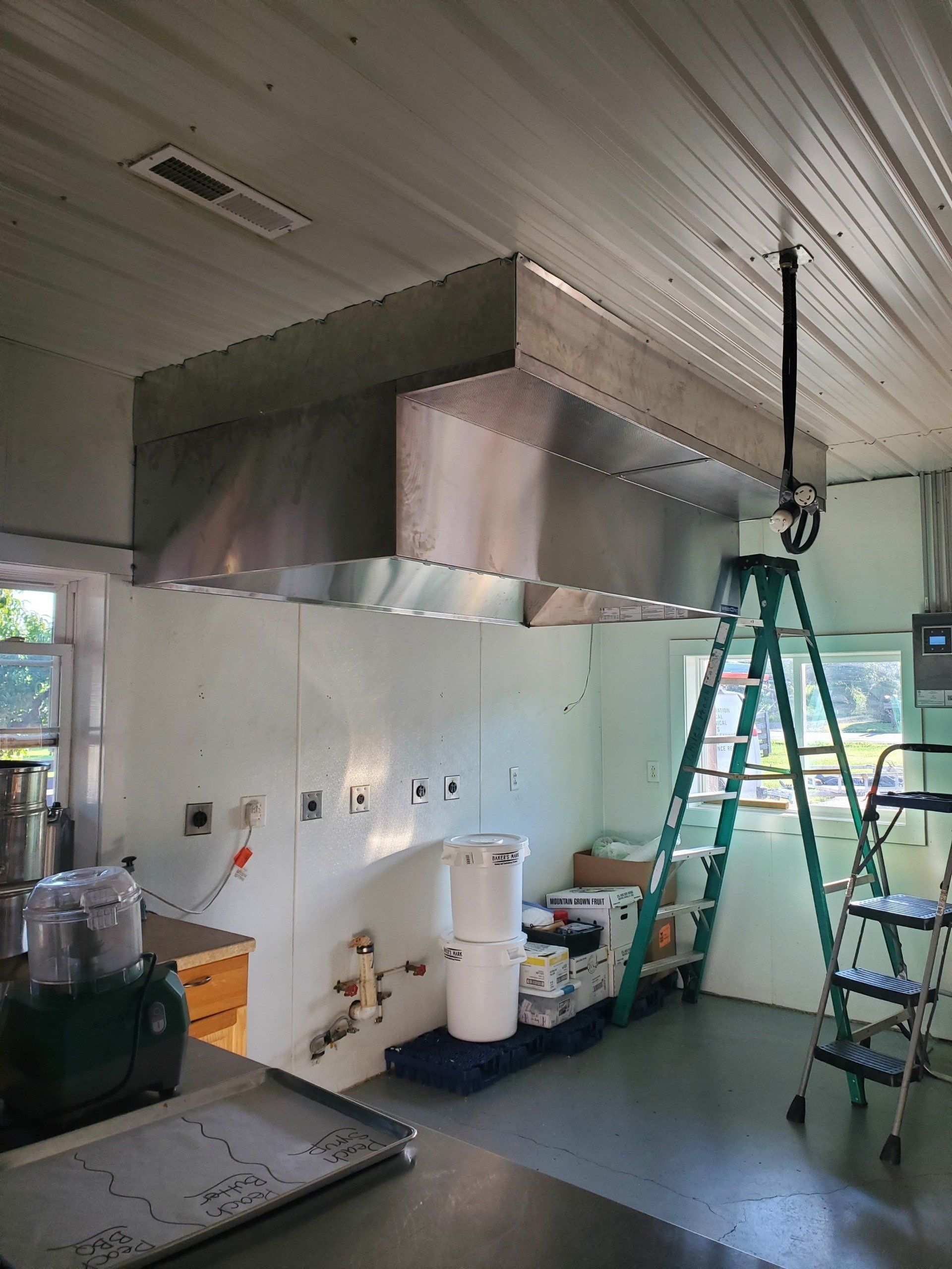Chiles Peach Orchard, Crozet, VA. Ventilation Direct Type One  8' Range Hood. Ventilation Direct Exhaust Fan Installation. Ventilation Direct Make-Up Supply Air Installation. Buckeye Fire Suppression System Installation. Control Panel.