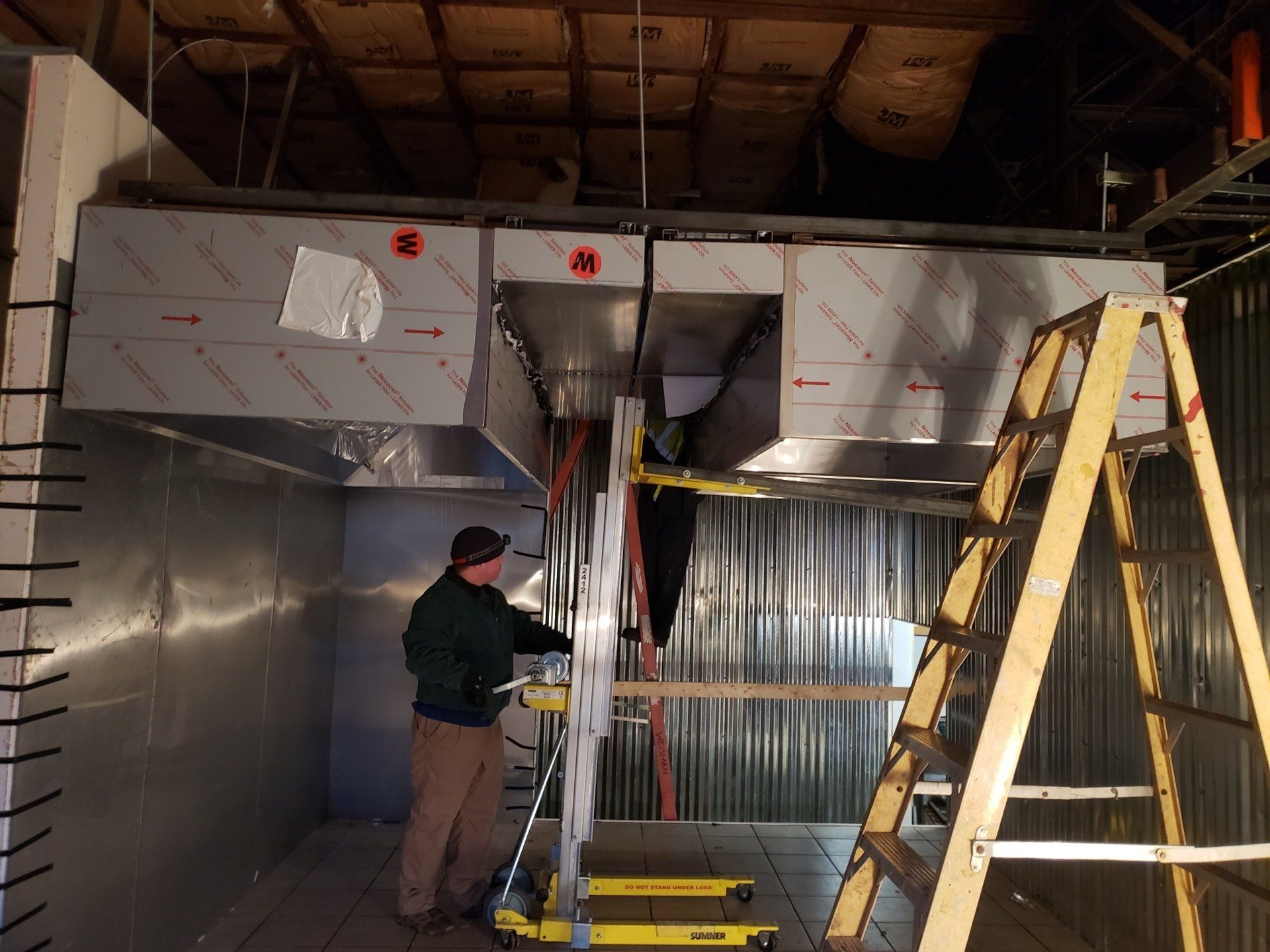 Tortilla Manufacturer, Harrisonburg, VA. Ventilation Direct Two Type One  10' Range Hoods Installed.   Two Ventilation Direct Exhaust Fans Installations.  One shared Ventilation Direct Make-Up Supply Air Installation. Buckeye Fire Suppression System Installation. Control Panel. 1