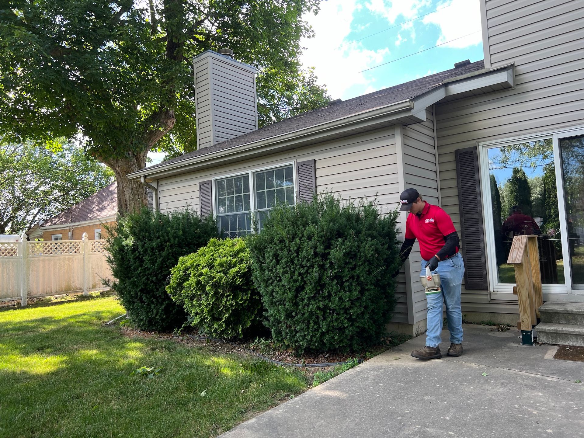 Person trimming bushes beside a house with a lawn and patio.