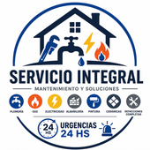 Logo de Servicio Integral: casa, grifo, electricidad y urgencias 24 horas en azul y rojo