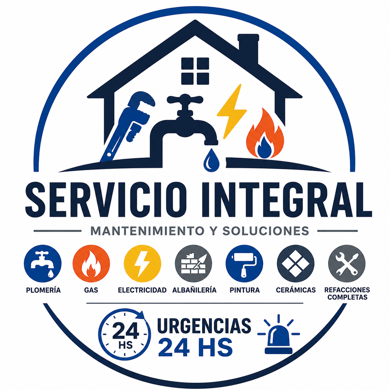 Logo de Servicio Integral: casa, grifo, electricidad y urgencias 24 horas en azul y rojo