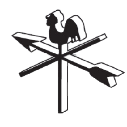 A black and white drawing of a weather vane with a rooster on top.