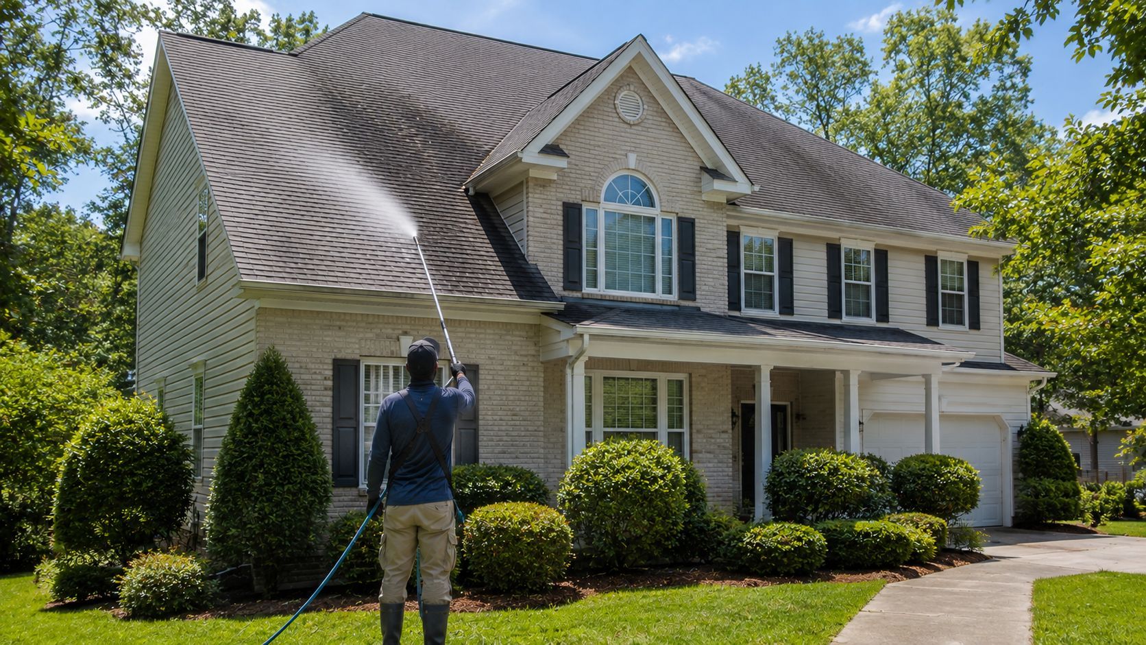 Person standing in front of a two-story suburban house with a driveway and manicured lawn