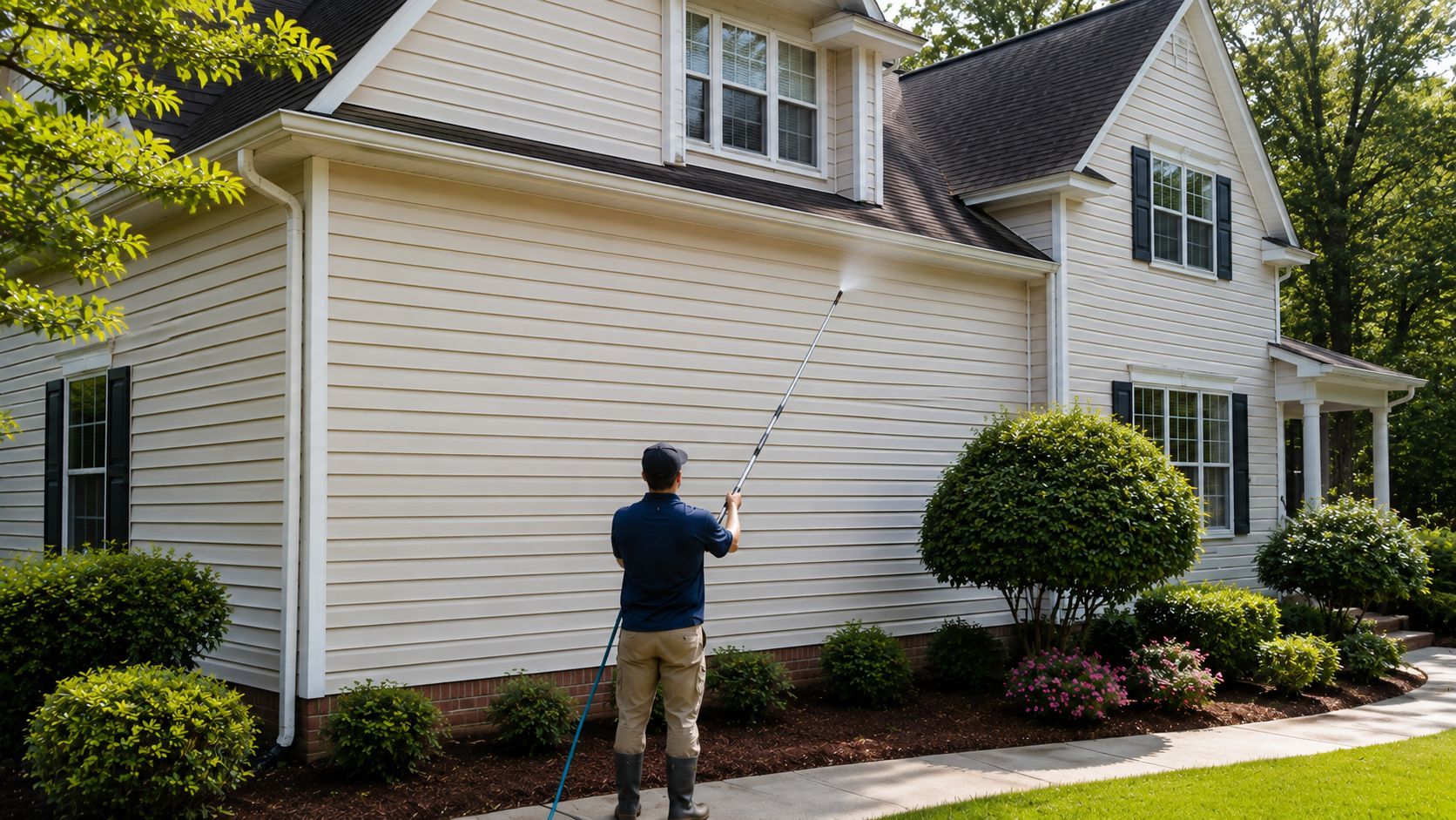 Person pressure washing the white siding of a suburban house surrounded by landscaping.