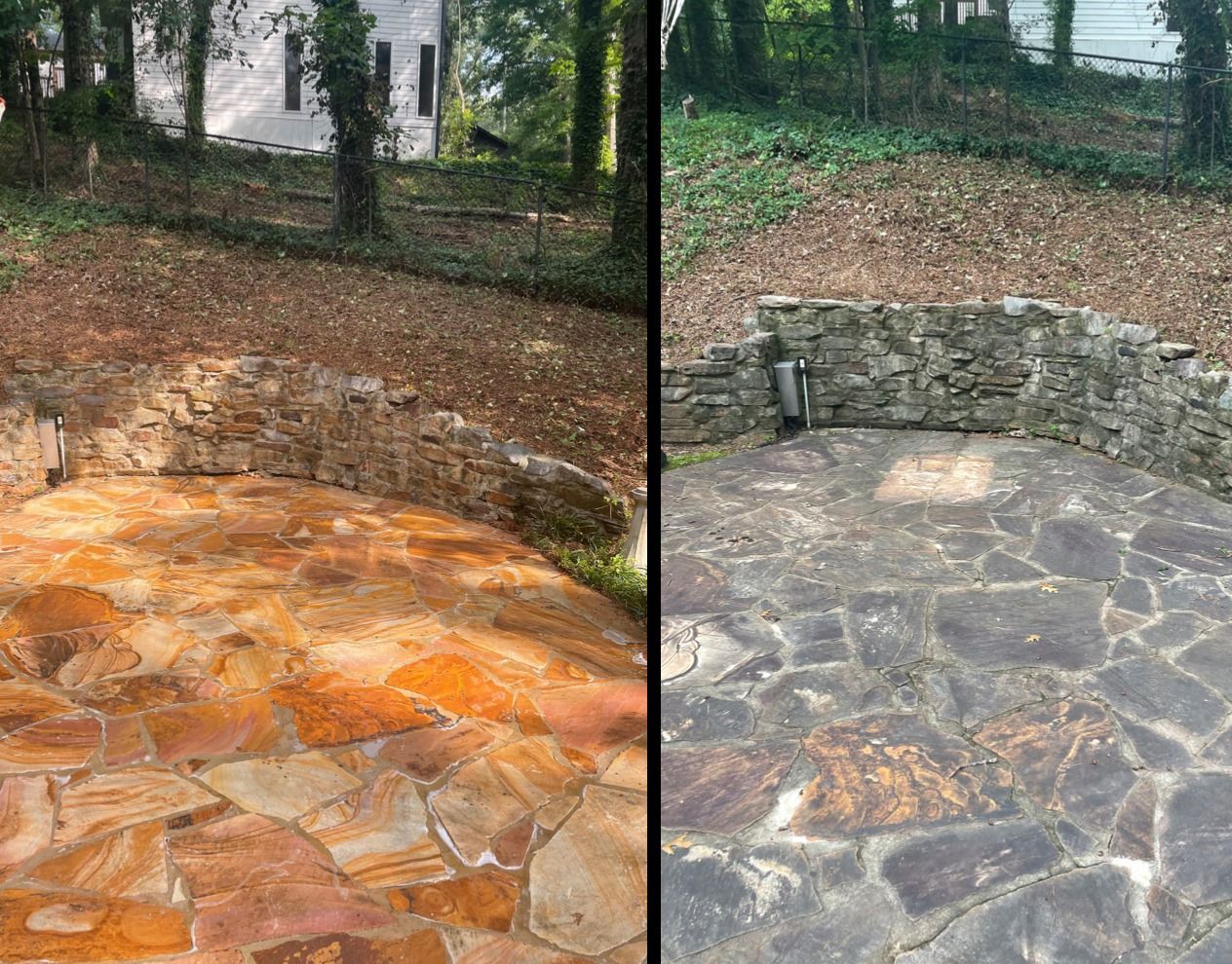 Side-by-side stone patio before and after cleaning, showing orange stains removed from a gray surface