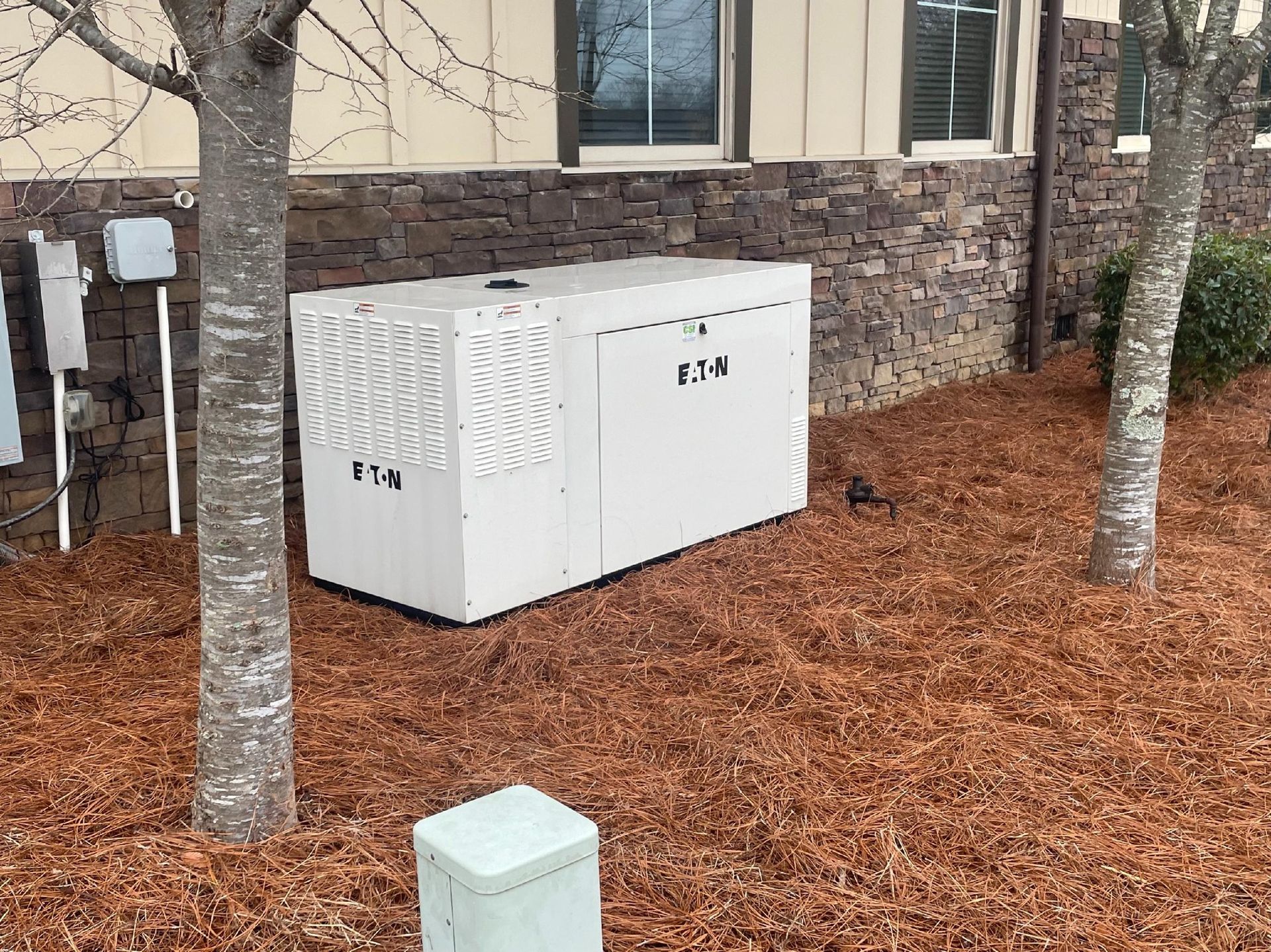 White utility box beside a stone house, set in mulch among trees outdoors
