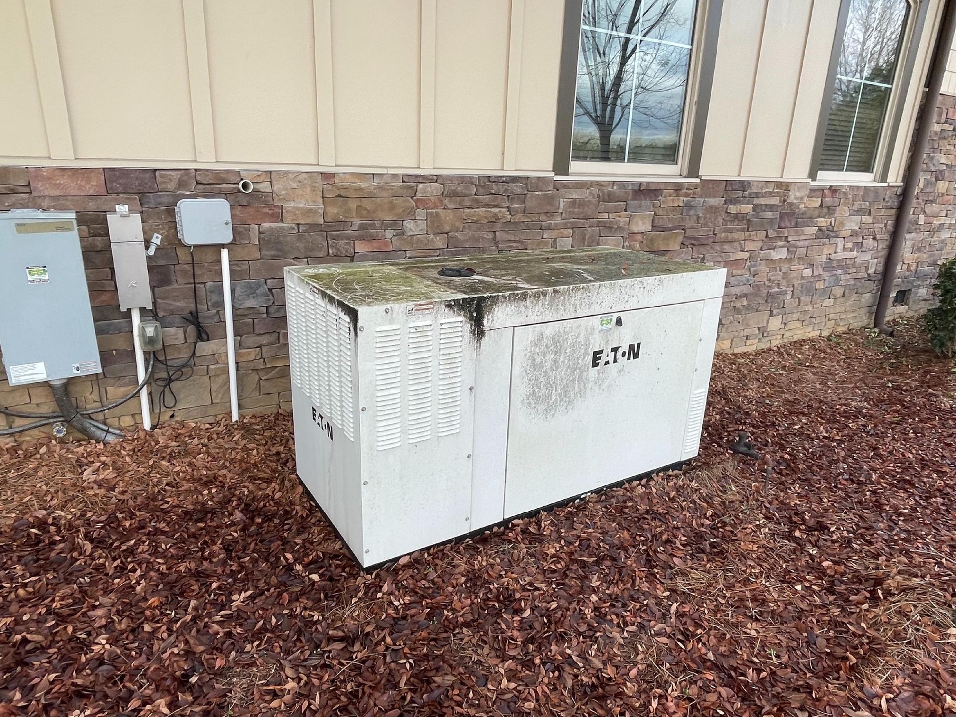 White metal utility box beside a house, near gas and electrical meters, covered with fallen leaves.