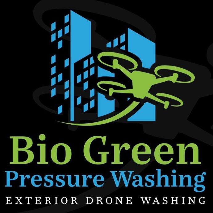 Bio Green Pressure Washing logo with a lime drone over blue buildings on a black background