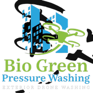 Bio Green Pressure Washing logo with blue building, green worker, and black swooshes