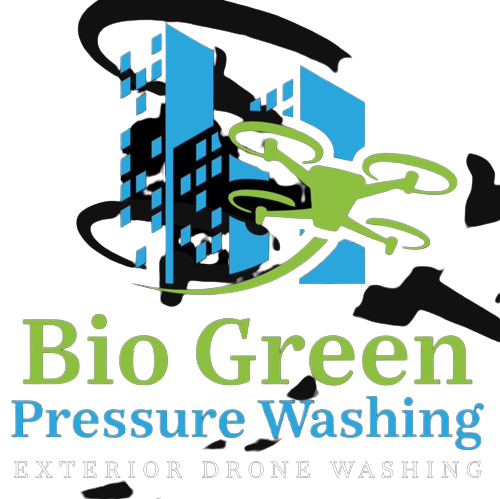 Bio Green Pressure Washing logo with blue building, green worker, and black swooshes