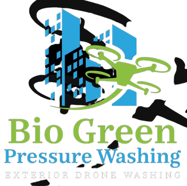 Bio Green Pressure Washing logo with blue building, green worker, and black swooshes