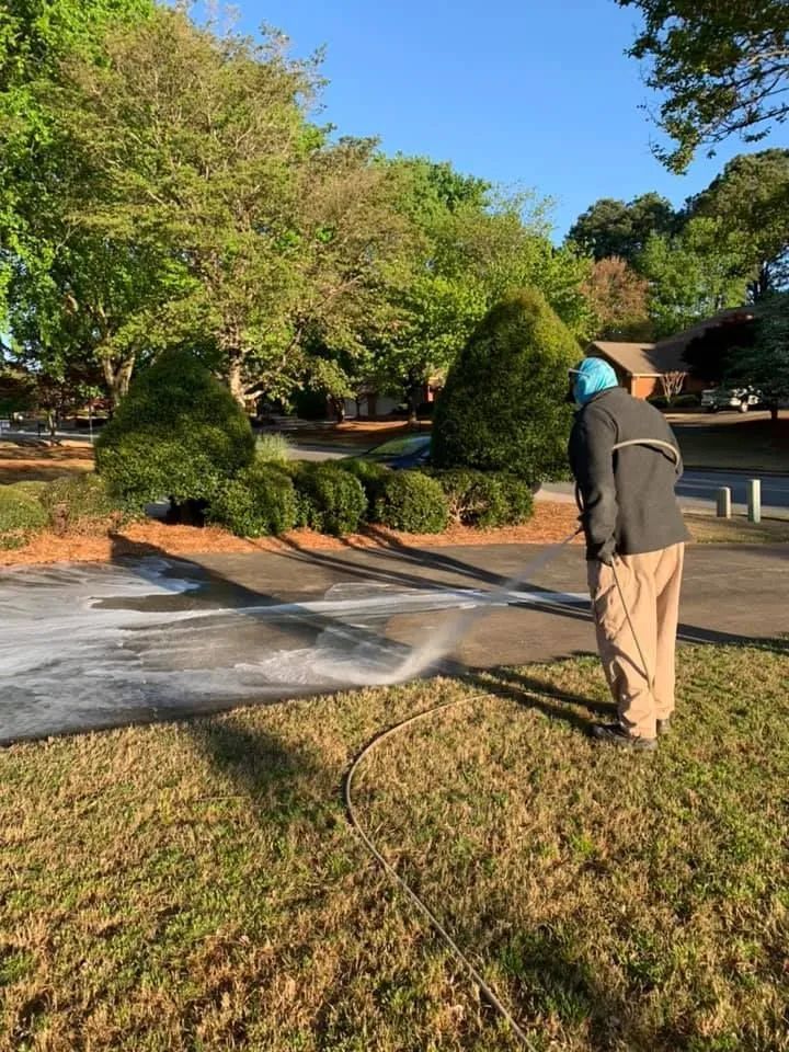 Person spraying water on a grassy lakeside path with a hose, trees and blue sky in the background