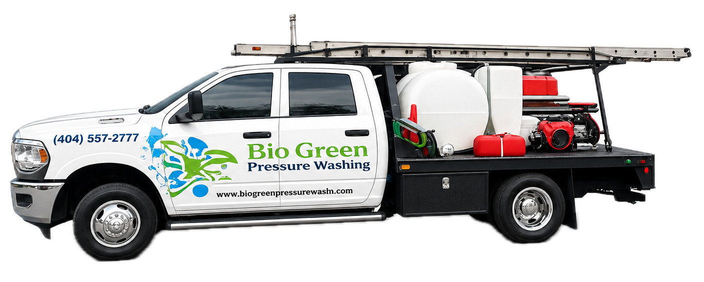 White and green Bio Green pressure washing van with company logo on the side