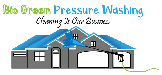 Bio Green Pressure Washing logo with house roof, blue water spray, and tagline "Cleaning Is Our Business"