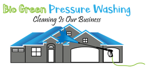 Bio Green Pressure Washing logo with house roof, blue water spray, and tagline "Cleaning Is Our Business"