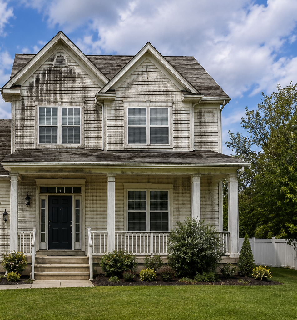 Two-story gray house with front porch, white trim, and a green lawn under a partly cloudy sky